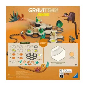 Achterkant GraviTrax Junior Desert doos met inhoudsoverzicht en spelelementen