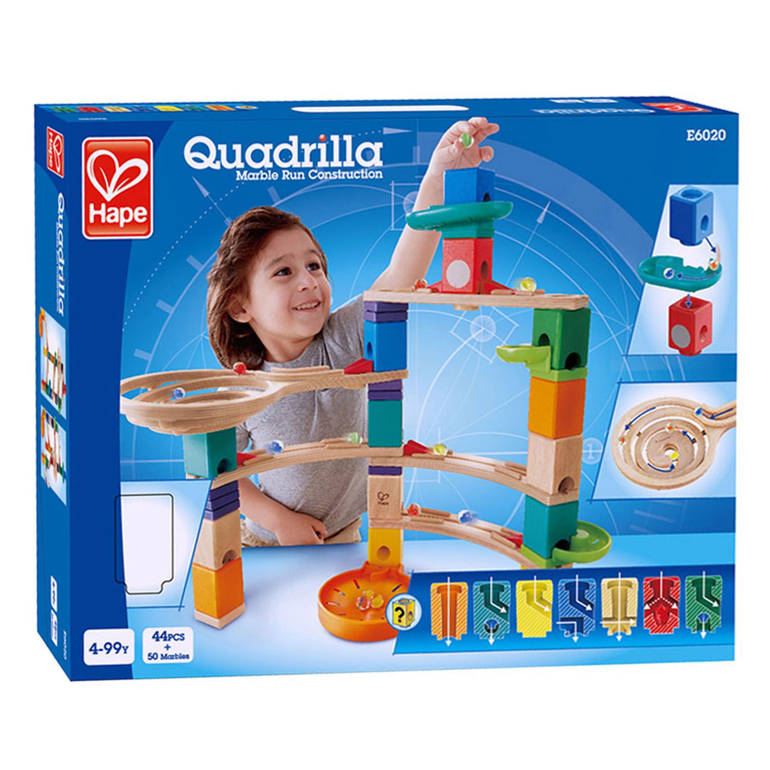 hape-quadrilla-verpakking-knikkerbaan-constructiespeelgoed Doos van Hape Quadrilla houten knikkerbaan - cliffhanger constructiespeelgoed
