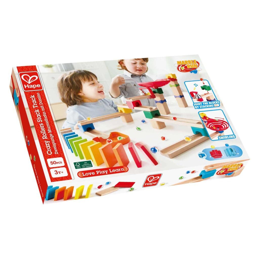 Verpakking van Hape houten knikkerbaanset Domino met witte achtergrond