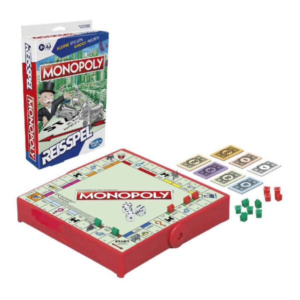 Monopoly reisspel met speelbord, doos, speelstukken en geld in overzichtelijke opstelling Monopoly Reisspel 2-4 Spelers