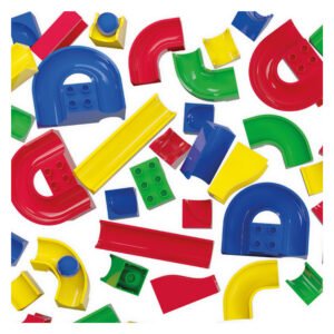 Bovenaanzicht van Hubelino kogelbaan onderdelen in primaire kleuren