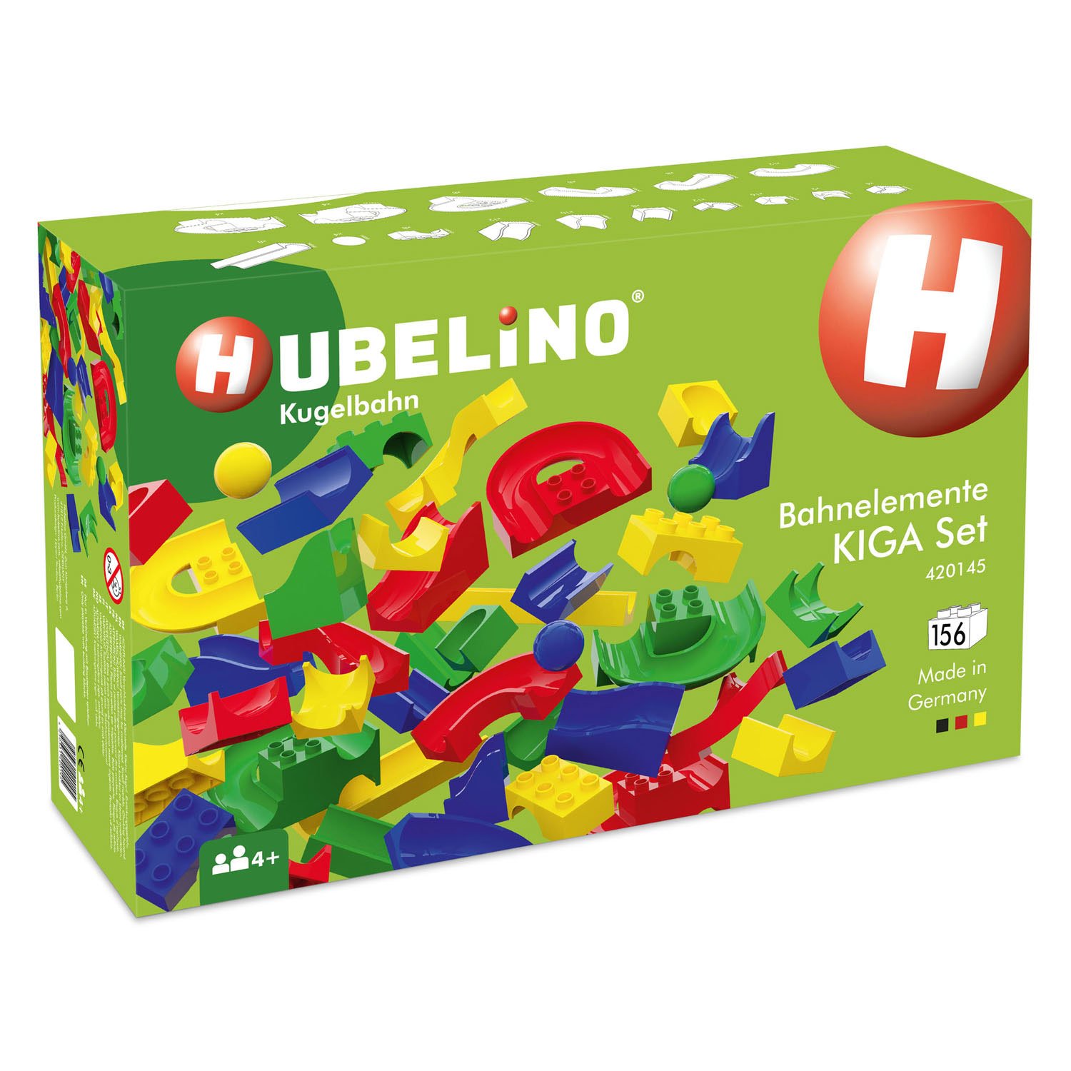 hubelino-kiga-set-verpakking-156-onderdelen Verpakking voorzijde van de Hubelino Knikkerbaan KIGA Scholenset Baanelementen met 156 onderdelen