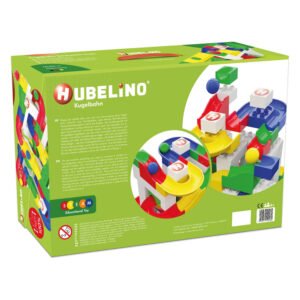 Achterzijde van de Hubelino knikkerbaan verpakking met uitleg