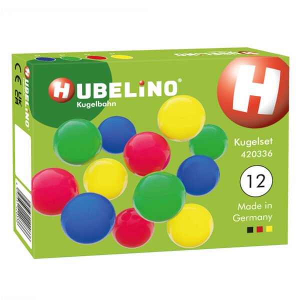 Hubelino Knikkers Kunststof verpakking voorkant met 12 gekleurde knikkers, made in Germany