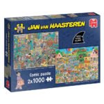 Verpakking van Jan van Haasteren legpuzzel - muziekwinkel en vakantiekriebels puzzelset met 2 keer 1000 stukjes