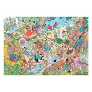 Kleurrijke fantasievolle illustratie uit de Jan van Haasteren Droomvlucht puzzel met sprookjesfiguren en muzieknoten