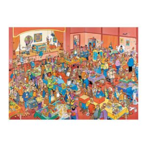Drukke en kleurrijke magische beurs vol komische figuren uit een Jan van Haasteren puzzel