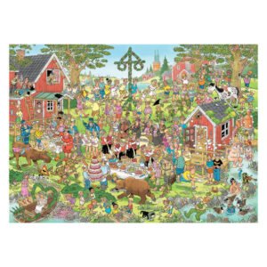 Kleurrijke Jan van Haasteren puzzelillustratie van midsummer festival met humoristische details