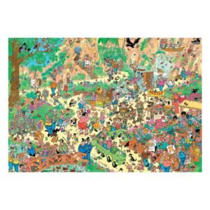 Drukke en kleurrijke Jan van Haasteren puzzelscène met vlinders, toeristen en jungle-avonturen