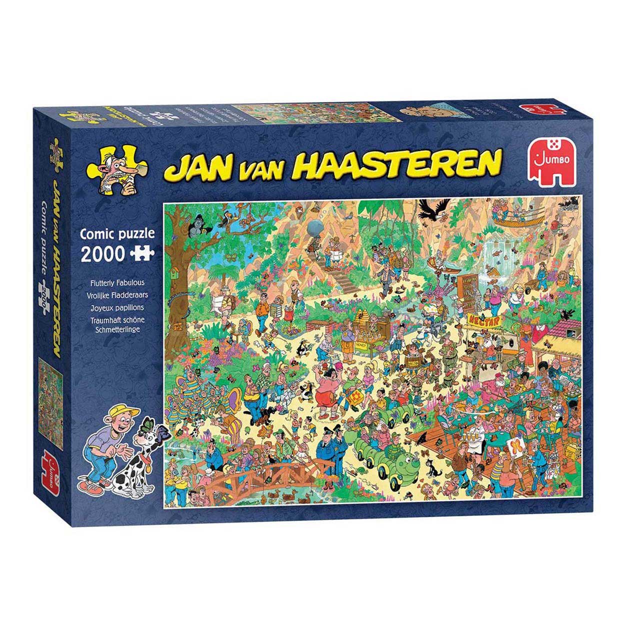 jan-van-haasteren-puzzeldoos-2000-stukjes-vlinders Jan van Haasteren legpuzzel - vrolijke fladderaars puzzeldoos met kleurrijke vlinderscène en 2000 stukjes van Jumbo
