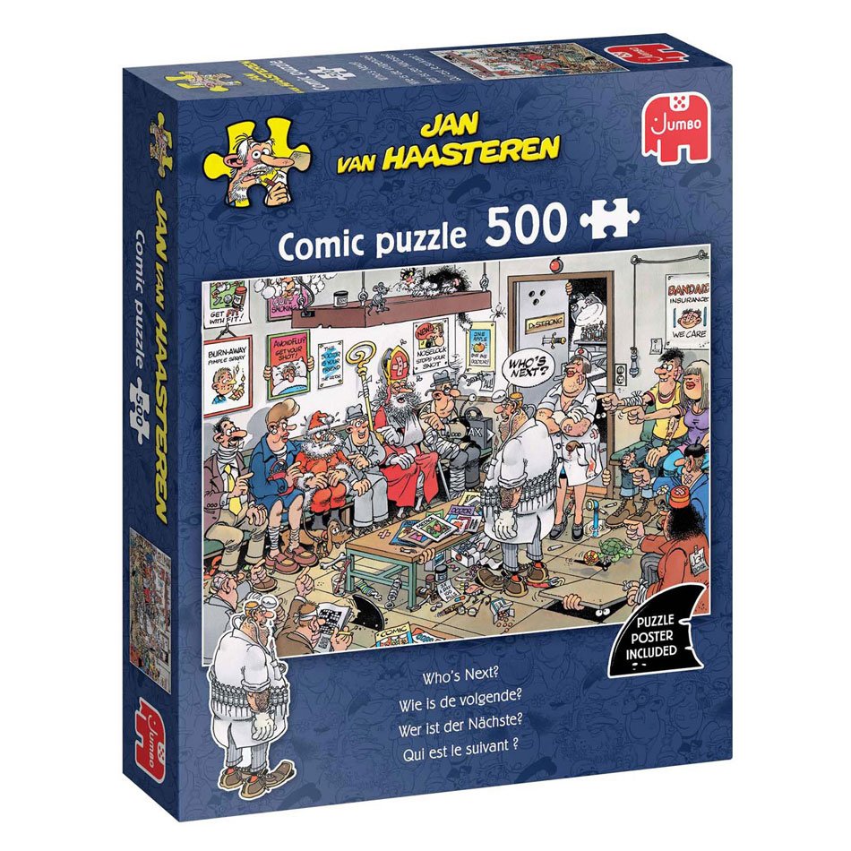 Jan van Haasteren legpuzzel - wie is de volgende puzzeldoos 500 stukjes met grappige wachtkamer illustratie