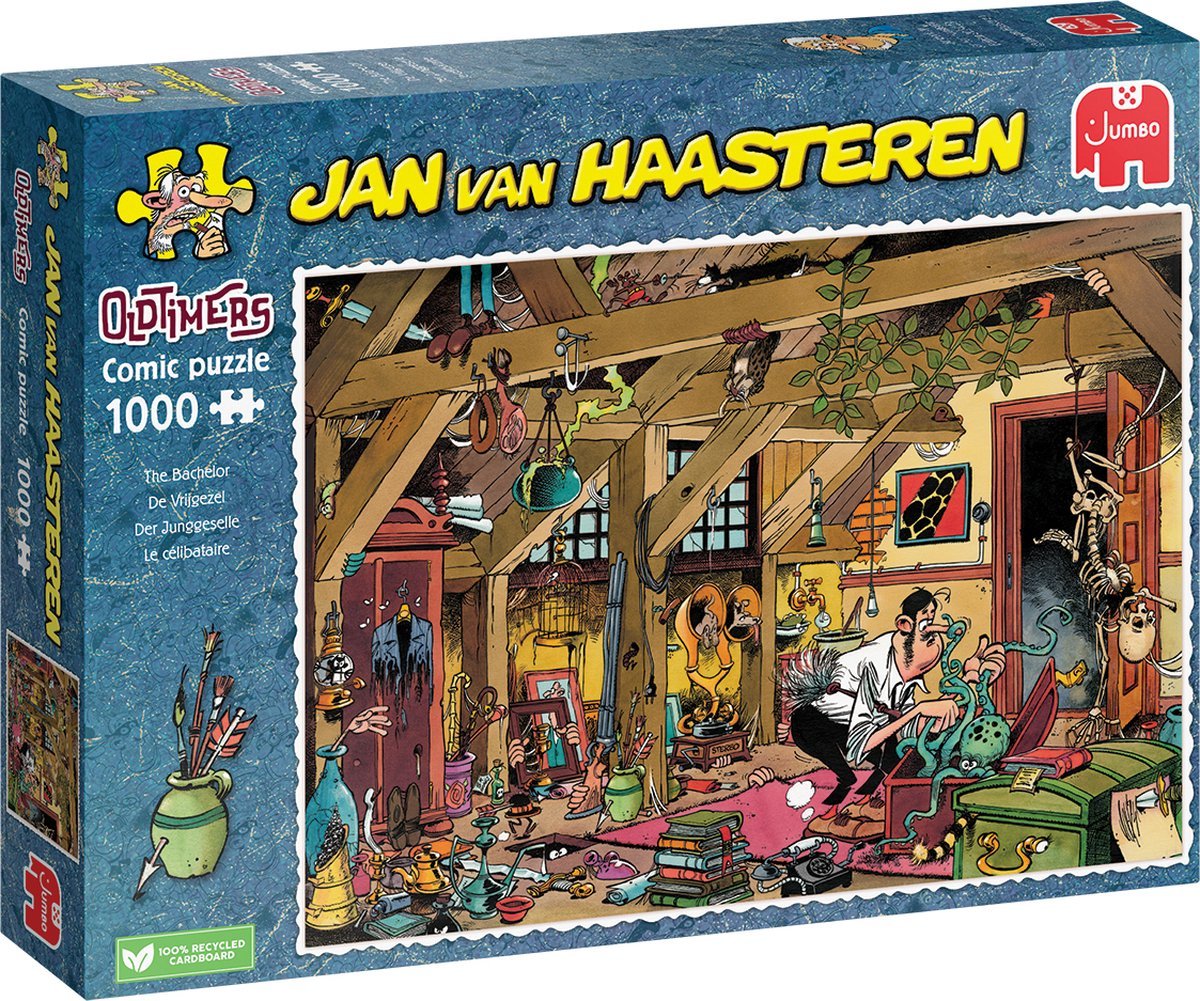 jan-van-haasteren-puzzeldoos-the-bachelor-1000-stukjes Jan van Haasteren legpuzzel - oldtimers de vrijgezel puzzeldoos met illustratie van chaotische zolder vol humor