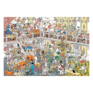 Chaotische verbouwing cartoon op Jan van Haasteren puzzel met bouwvakkers