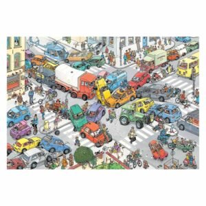 Illustratie van verkeerschaos uit Jan van Haasteren puzzel met auto's en mensen