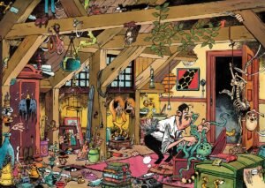 Komische zolder vol rommel met man en monster – Jan van Haasteren puzzelillustratie