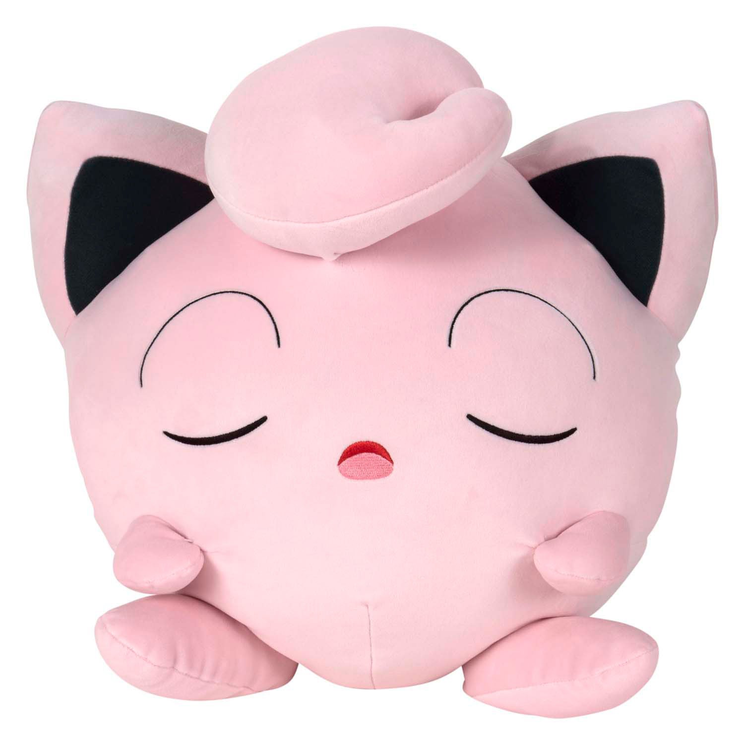 jazwares-jigglypuff-knuffel-vooraanzicht-slapend Vooraanzicht van slapende Jigglypuff knuffel met roze krul en zwarte oren Pokémon Slapende Knuffel Pluche Jigglypuff, 45cm