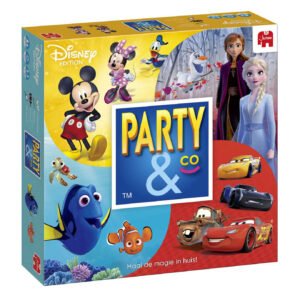 Voorkant van Disney Party & Co bordspel met Mickey Mouse, Elsa en Cars figuren van jumbo