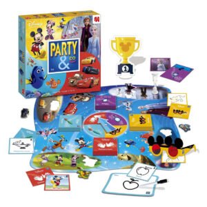 Inhoud van Jumbo Party & Co Disney bordspel met speelbord, kaarten en accessoires