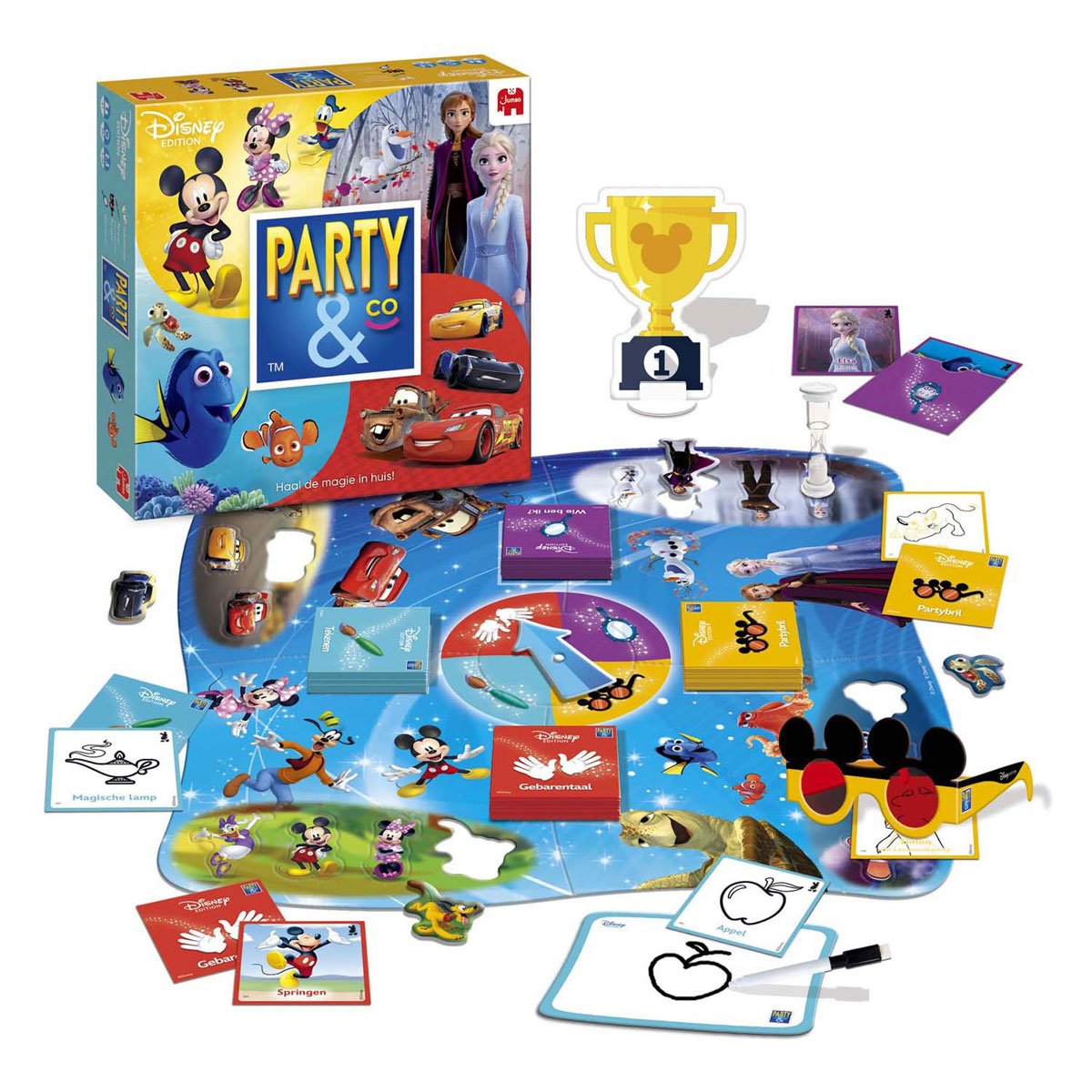jumbo-disney-party-en-co-spelinhoud-met-speelbord-en-kaarten Inhoud van Jumbo Party & Co Disney bordspel met speelbord, kaarten en accessoires