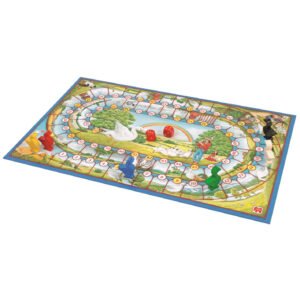 Ganzenbord spelbord uitgelegd met kleurrijke pionnen, dobbelstenen en klassieke illustraties van Jumbo