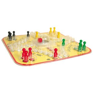 Mens Erger Je Niet spelbord met dobbelautomaat en gekleurde pionnen van Jumbo