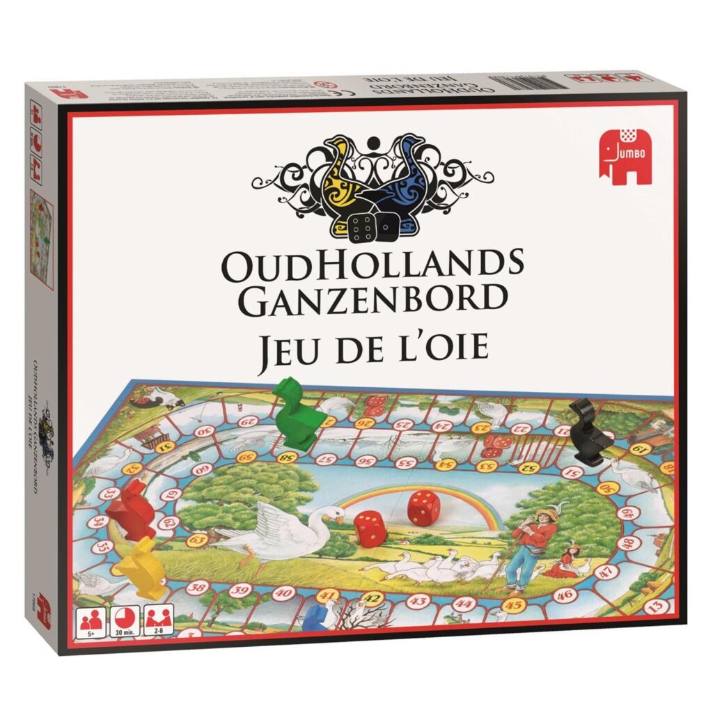 Oudhollands Ganzenbord speldoos met kleurrijk speelbord en dobbelstenen van Jumbo Jumbo Ganzenbord