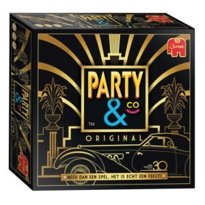Luxe doos van het Party & Co Original bordspel met art-deco ontwerp en gouden accenten Jumbo Party & Co Original Jubileum Bordspel