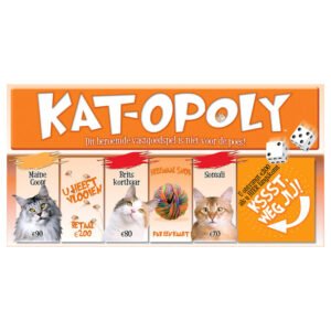 Voorkant van het Kat-Opoly bordspel met kattenrassen en spelelementen in het Nederlands