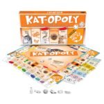 Volledig Kat-Opoly spel met doos, spelbord, speelgeld en pionnen in katten-thema Kat-Opoly