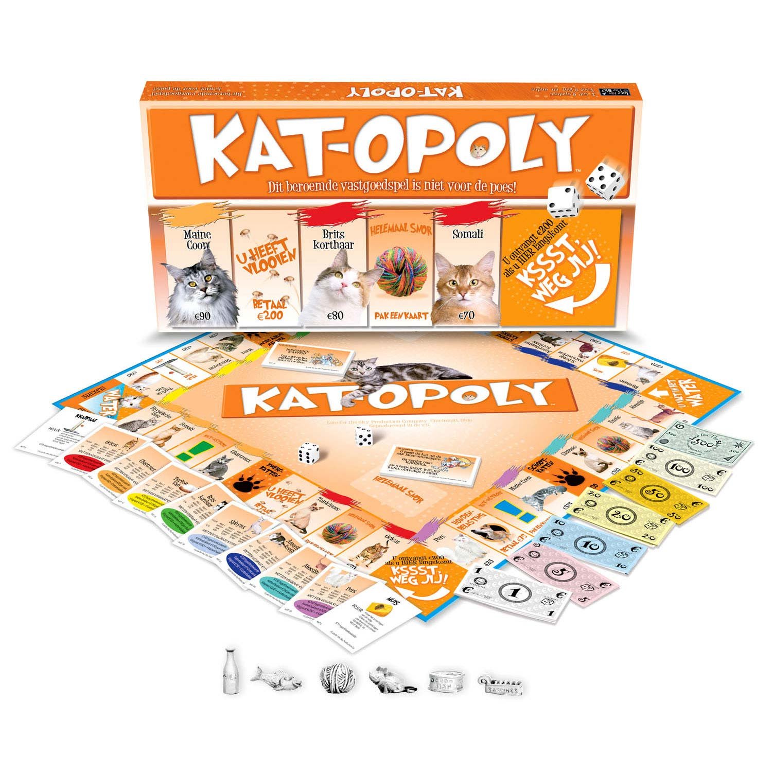 kat-opoly-compleet-spel-met-doos-en-accessoires Volledig Kat-Opoly spel met doos, spelbord, speelgeld en pionnen in katten-thema Kat-Opoly