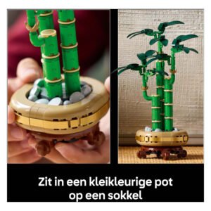 close-up van LEGO bamboeplant in kleikleurige pot met sokkel