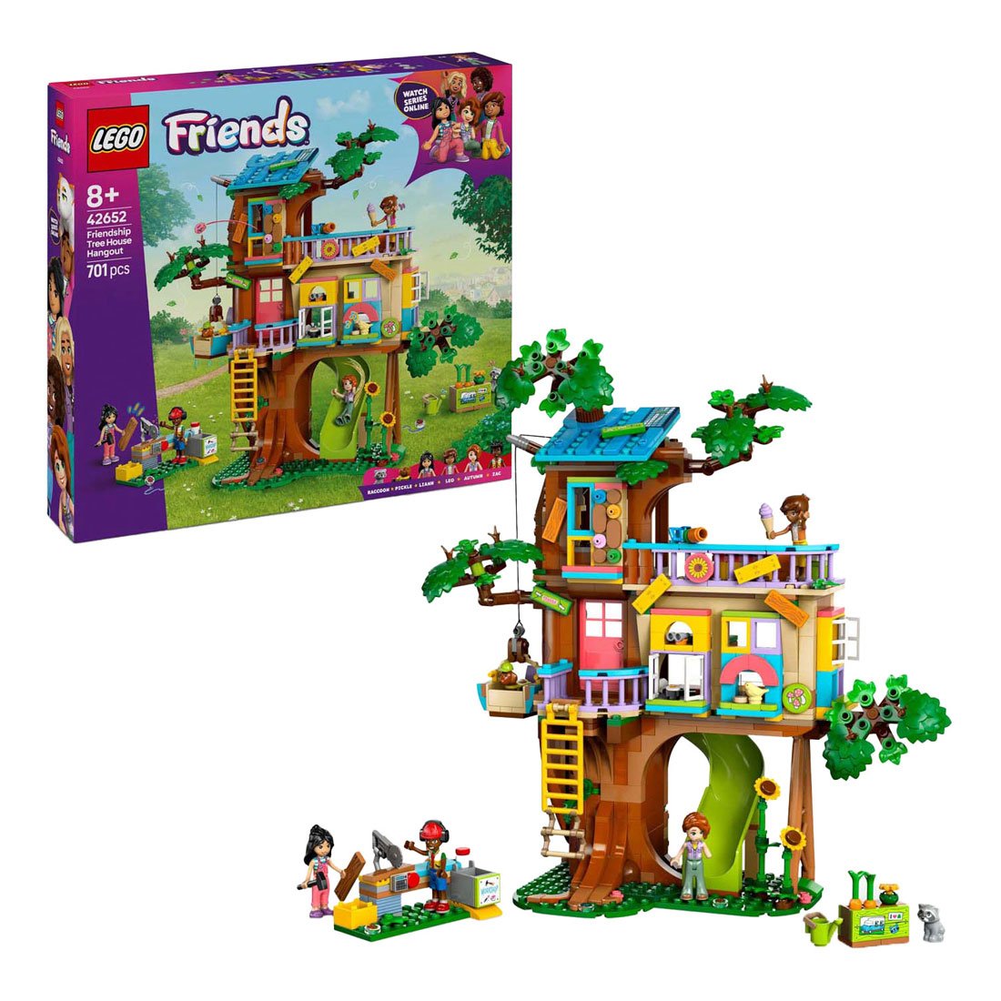 lego-friends-42652-doos-en-boomhut-samen LEGO Friends 42652 Boomhut voor de vrienden met doos en gebouwde boomhut samen weergegeven