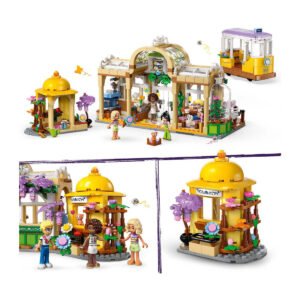 Detailweergave van LEGO Friends set 42671 met bloemenwinkel en tram