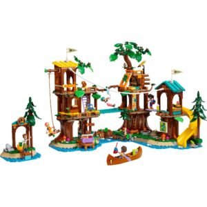 Complete LEGO Friends boomhut met speelfiguren en kano op witte achtergrond