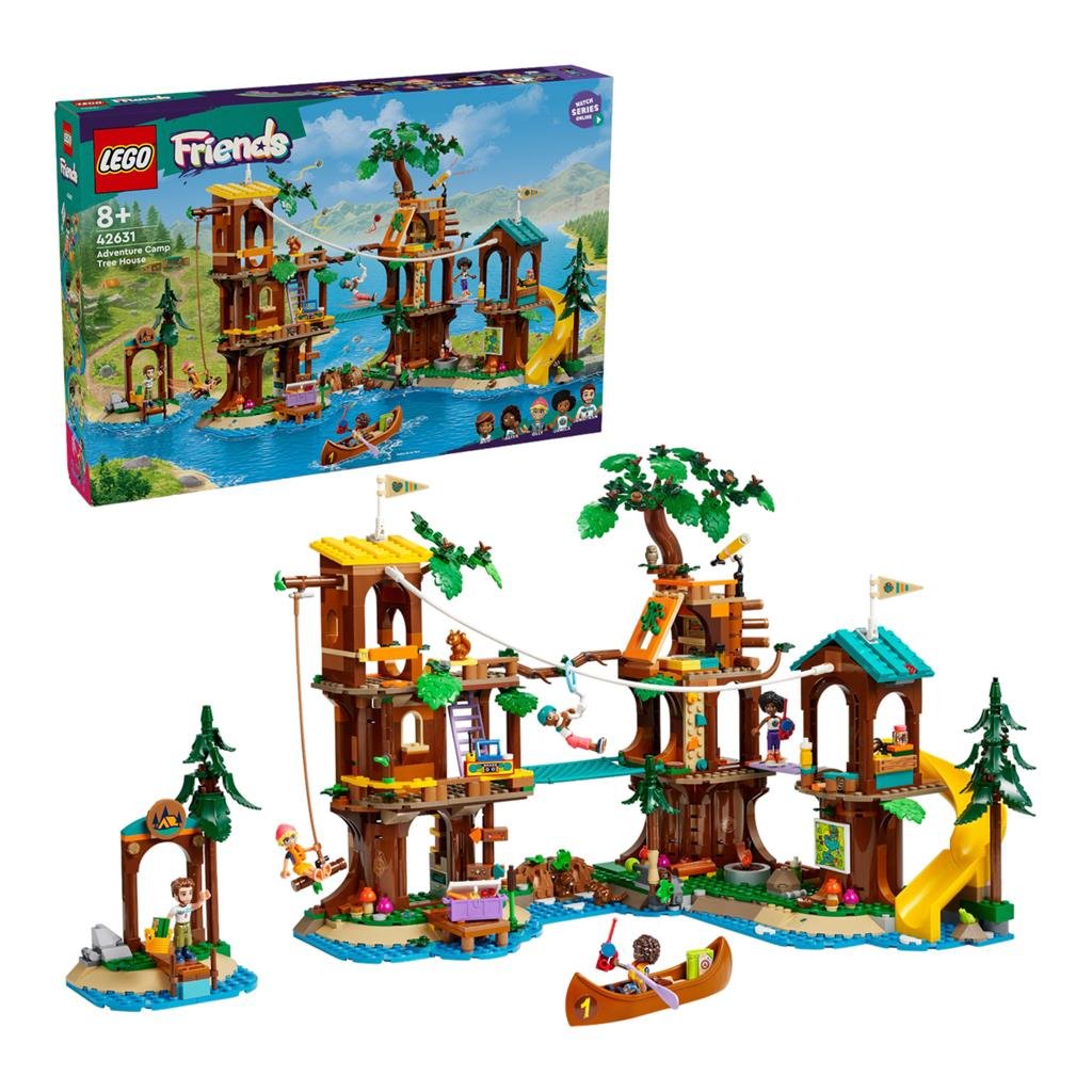 LEGO Friends 42631 Avonturenkamp boomhut met productdoos op achtergrond