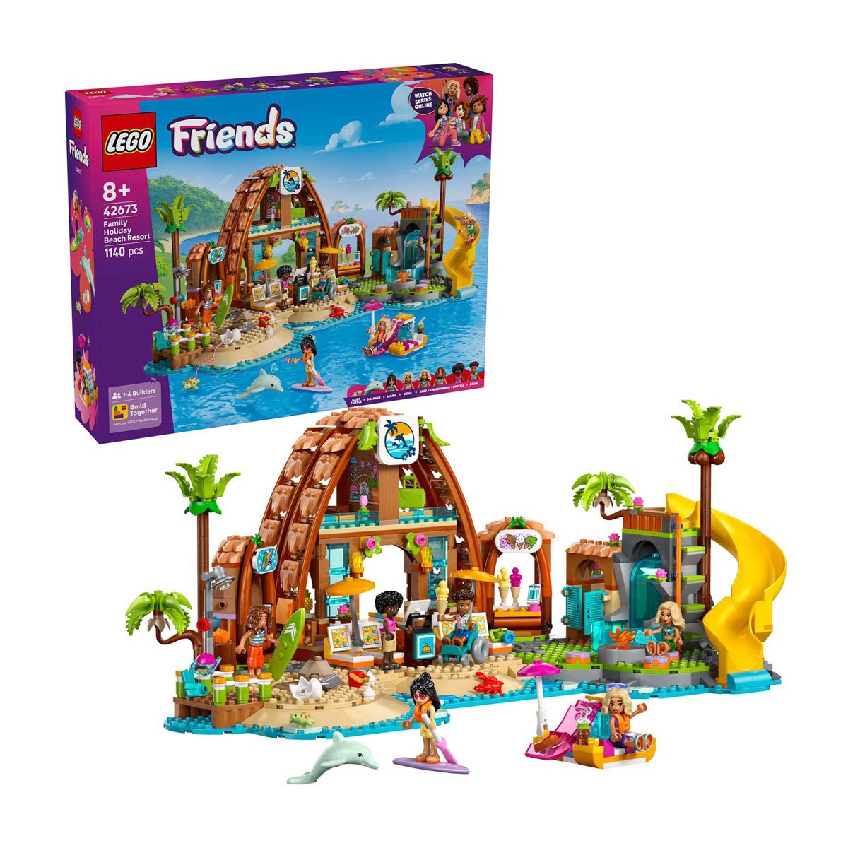 lego-friends-family-strandresort-met-doos-42673 LEGO Friends 42673 familie vakantie strandresort compleet opgebouwd met doos op achtergrond