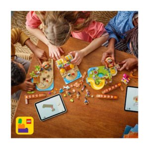 Kinderen bouwen samen een LEGO Friends strandscène met tablets ter inspiratie
