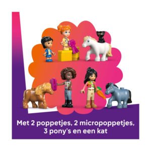 LEGO Friends set met poppetjes, pony’s en een kat in kleurrijke stijl