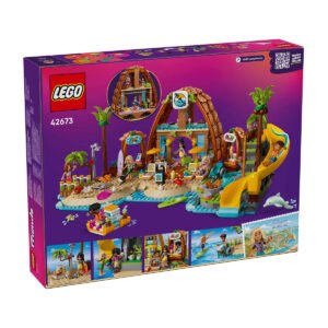 LEGO Friends strandresort bouwset doos achterkant met glijbaan en kleurrijke accessoires