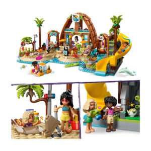 Opgebouwde LEGO Friends strandresort set met minifiguren en dolfijn
