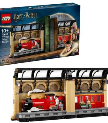 LEGO Harry Potter 76450 boekensteun zweinstein set en doos gecombineerd in beeld