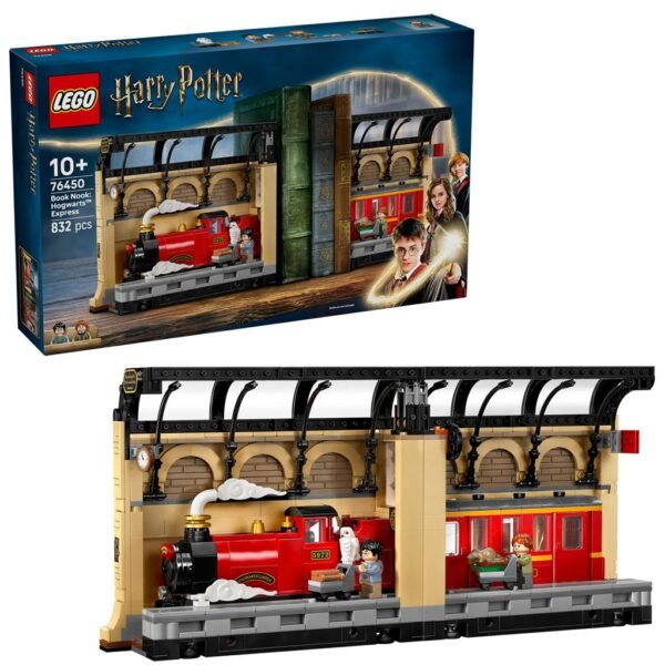 LEGO Harry Potter 76450 boekensteun zweinstein set en doos gecombineerd in beeld