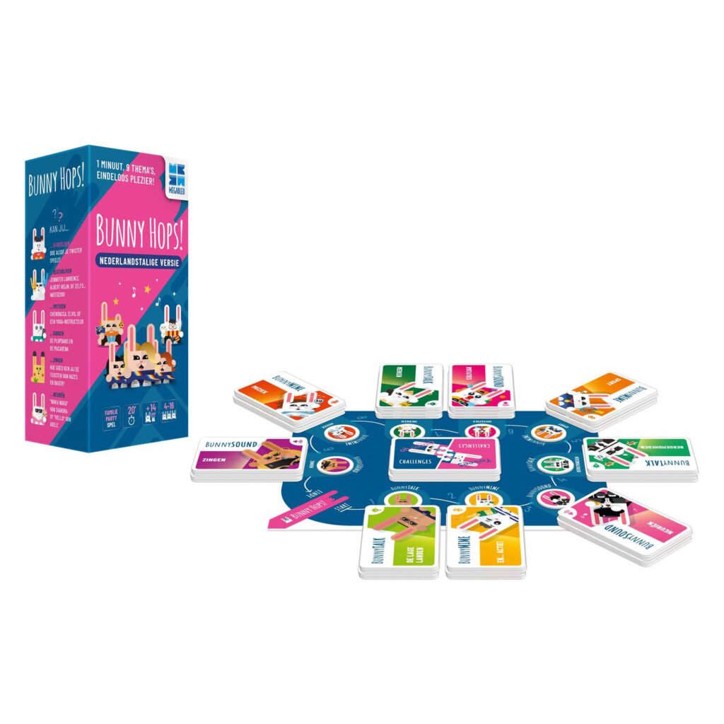 Overzicht van Bunny Hops spelonderdelen op tafel met kaarten en speelbord Megableu Bunny Hops Bordspel