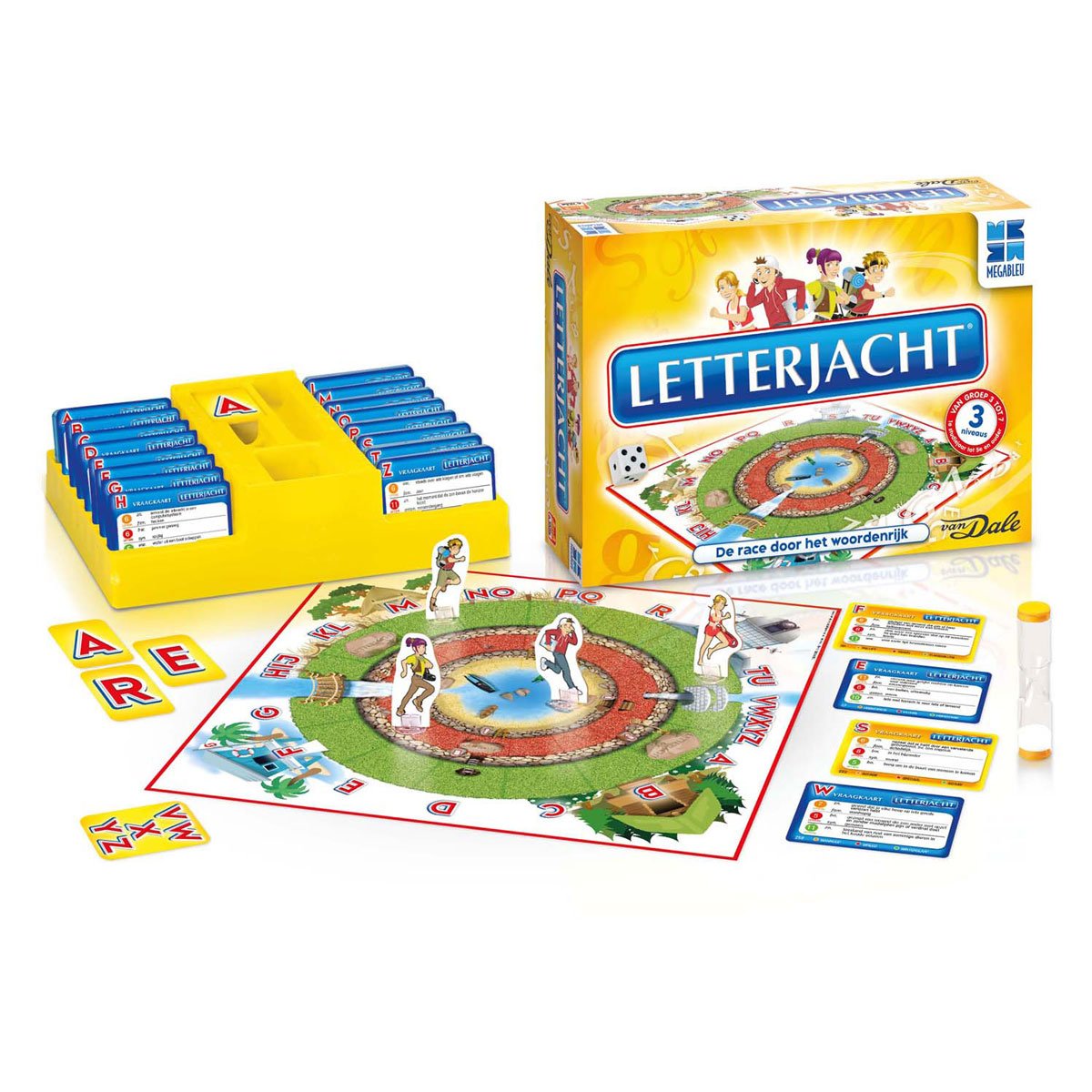 megableu-letterjacht-spelinhoud-doos-speelbord-kaarten Complete inhoud van het spel Letterjacht met doos, speelbord en kaarten Megableu Letterjacht Bordspel