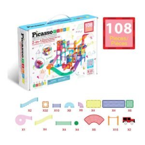 Verpakking van PicassoTiles 108-delige knikkerbaan met overzicht van onderdelen