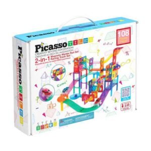 Zijaanzicht van de doos PicassoTiles 2-in-1 magnetische race- en knikkerbaan set