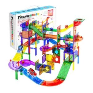 Opgebouwde PicassoTiles marble run and race track - magnetische bouwtegels met kleurrijke banen en speelgoedauto’s