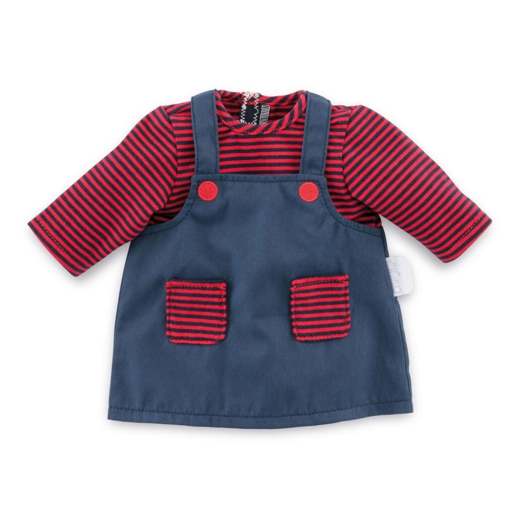 Donkerblauw Corolle Mon Grand Poupon - Poppenjurk gestreept met rood gestreept shirt en rode knoopdetails