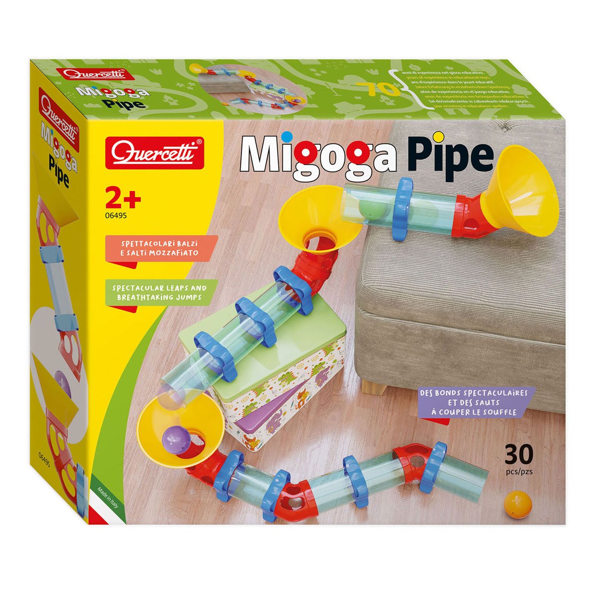 quercetti-migoga-pipe-verpakking-kinderknikkerbaan Verpakking van Quercetti Migoga Pipe knikkerbaan set voor kinderen vanaf 2 jaar