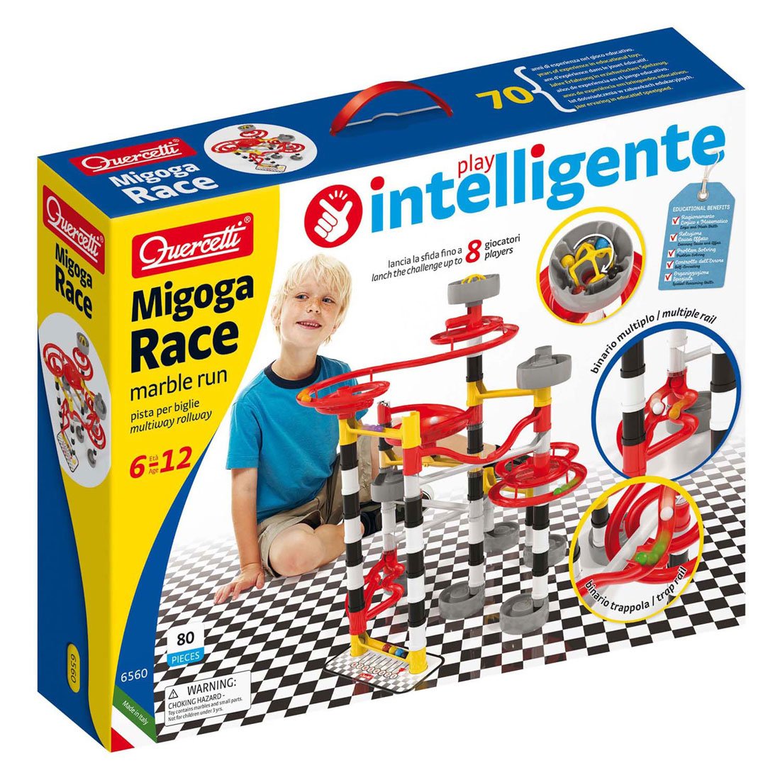 quercetti-migoga-race-verpakking-kind-educatief-speelgoed Verpakking van Quercetti Knikkerbaan Migoga met kind en productinfo